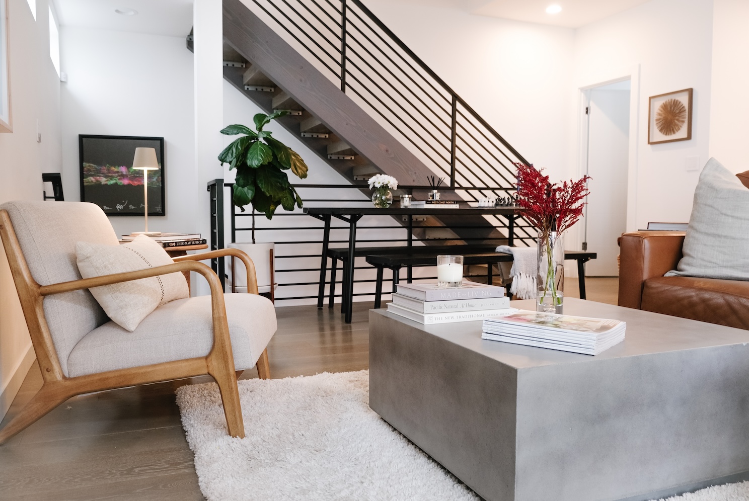 Living room with chair and sofa in a modern townhouse