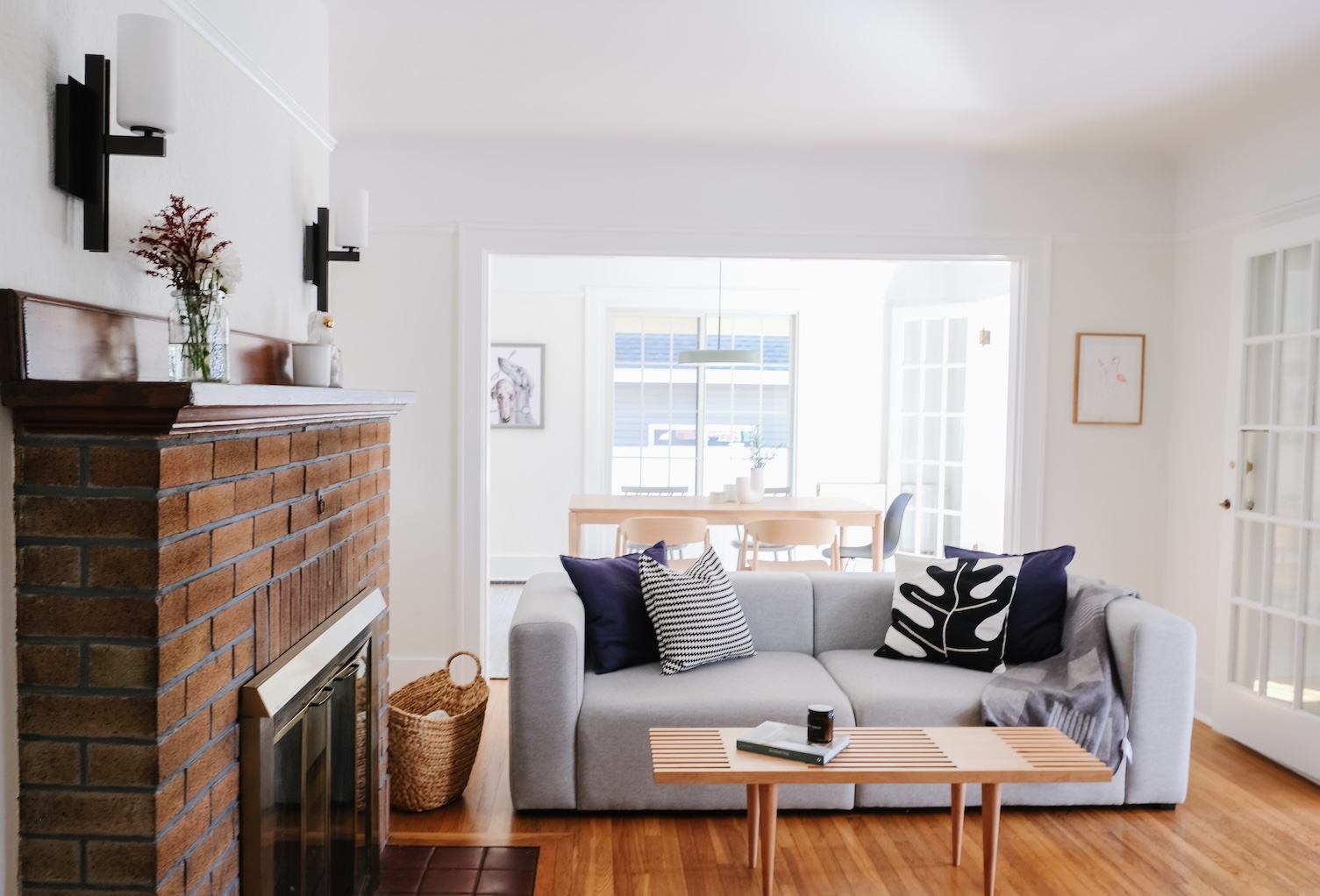 A modern living room with a designer sofa