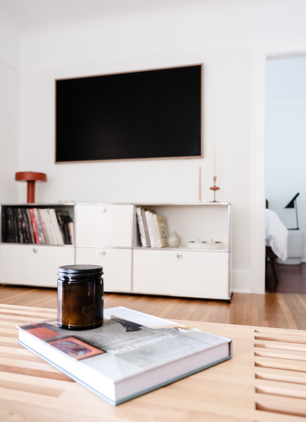 Media console with TV in a minimalistic living room