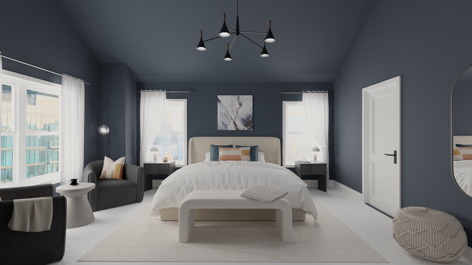 Rendering of a bedroom with dark gray walls and a white bed
