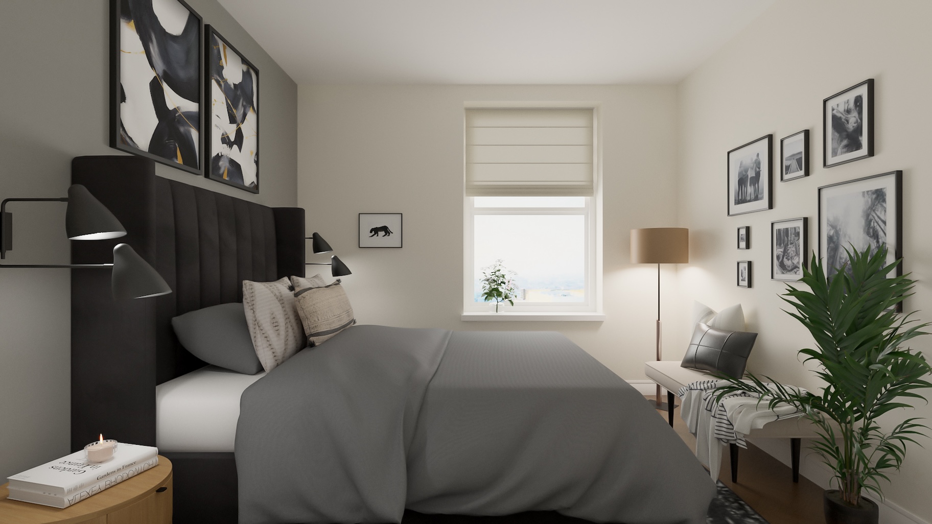Bedroom in a tiny downtown apartment with modern accents
