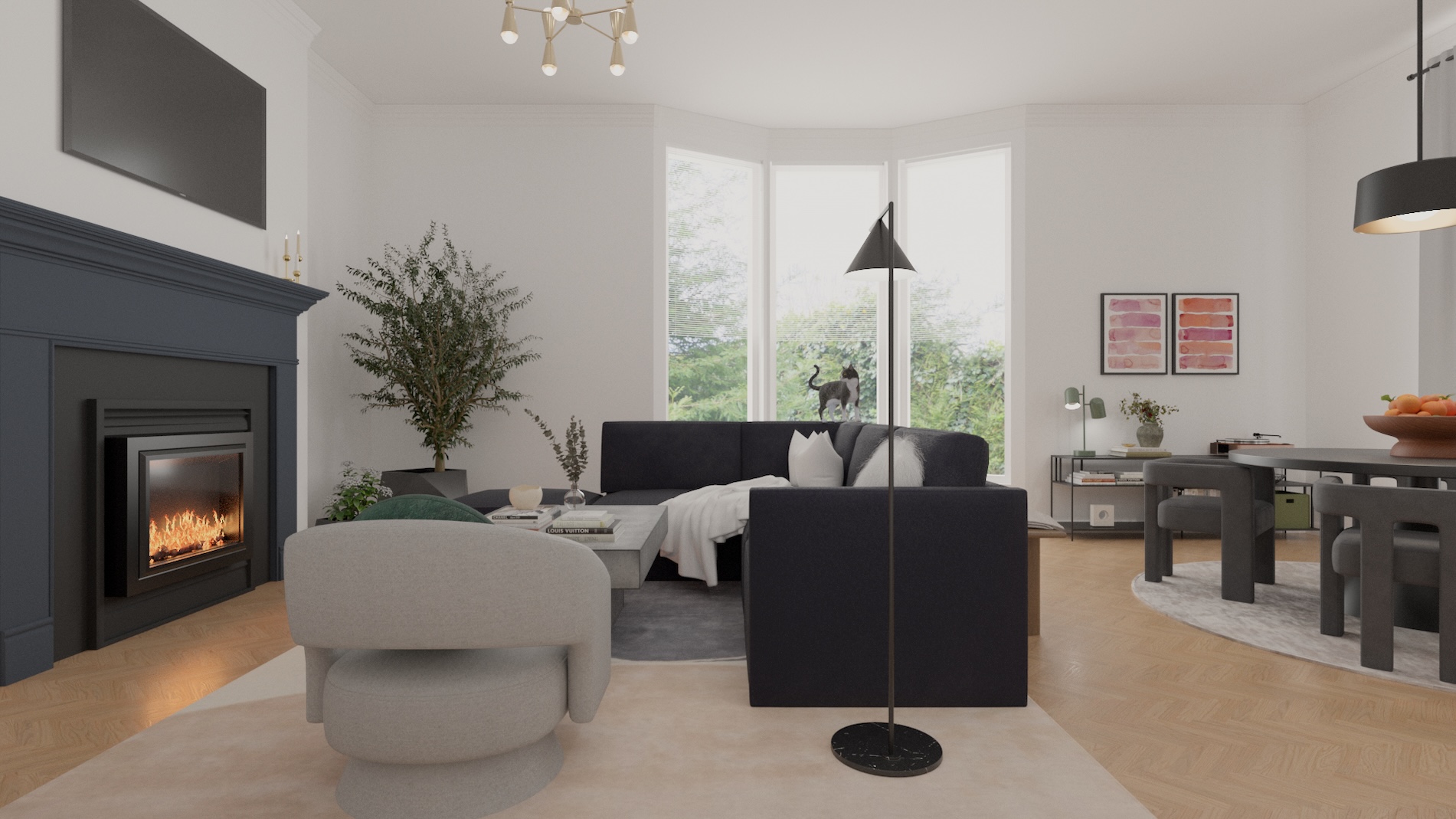 Contemporary living room with fireplace and modern sofa
