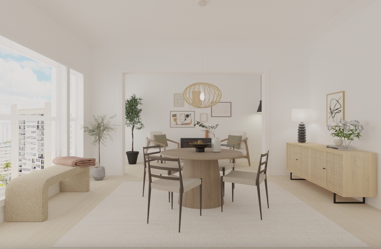 European Japendy living room with bamboo dresser