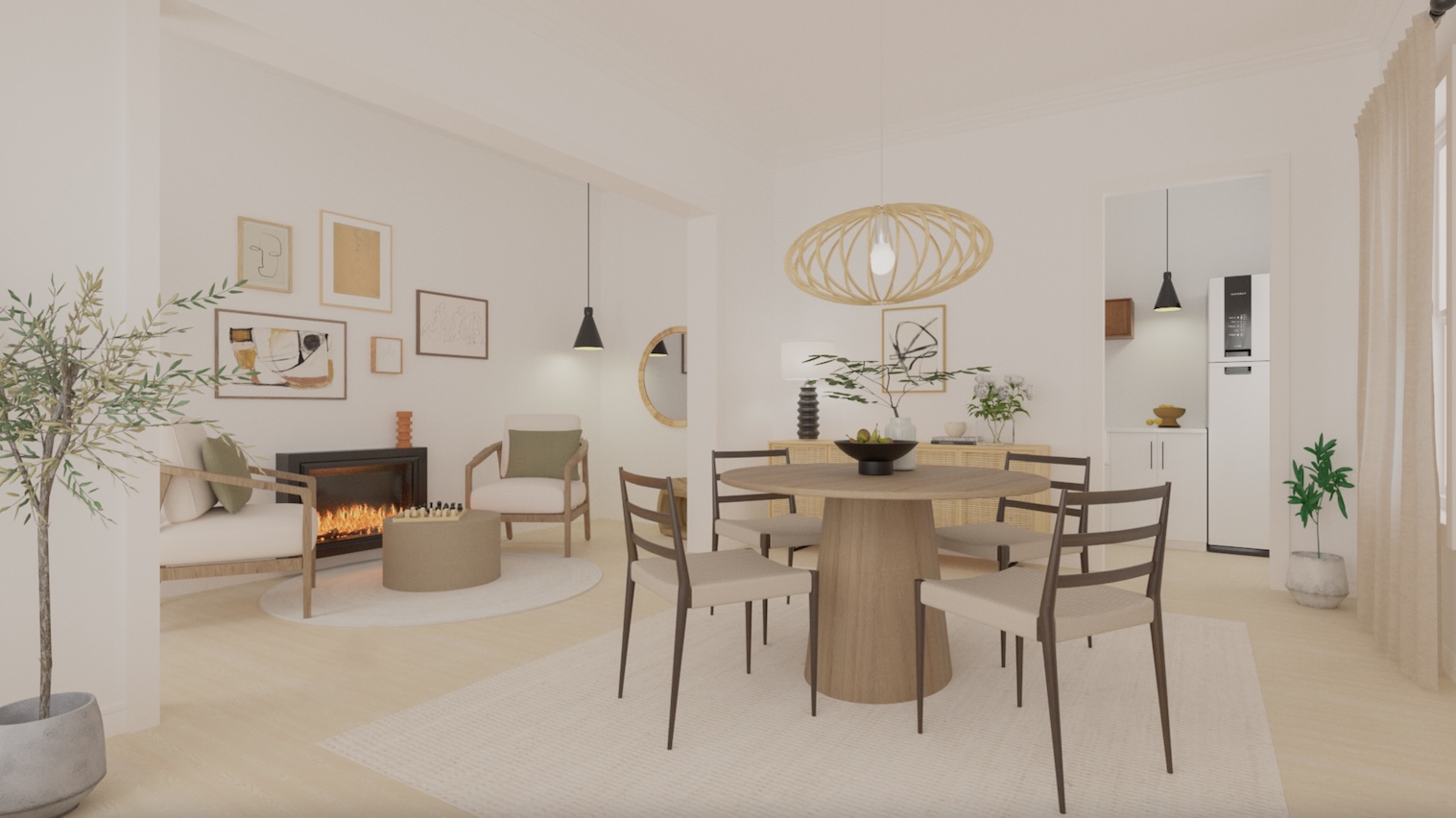 Japendy living room with fireplace in the background