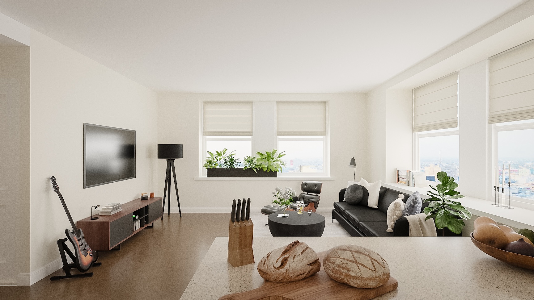 Living room with media console and TV